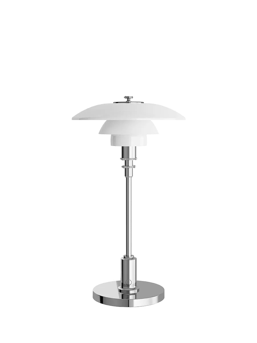 Louis Poulsen PH 2/1 Portable bordlampe – udstillingsmodel i krom med opalglas, klassisk dansk design.
