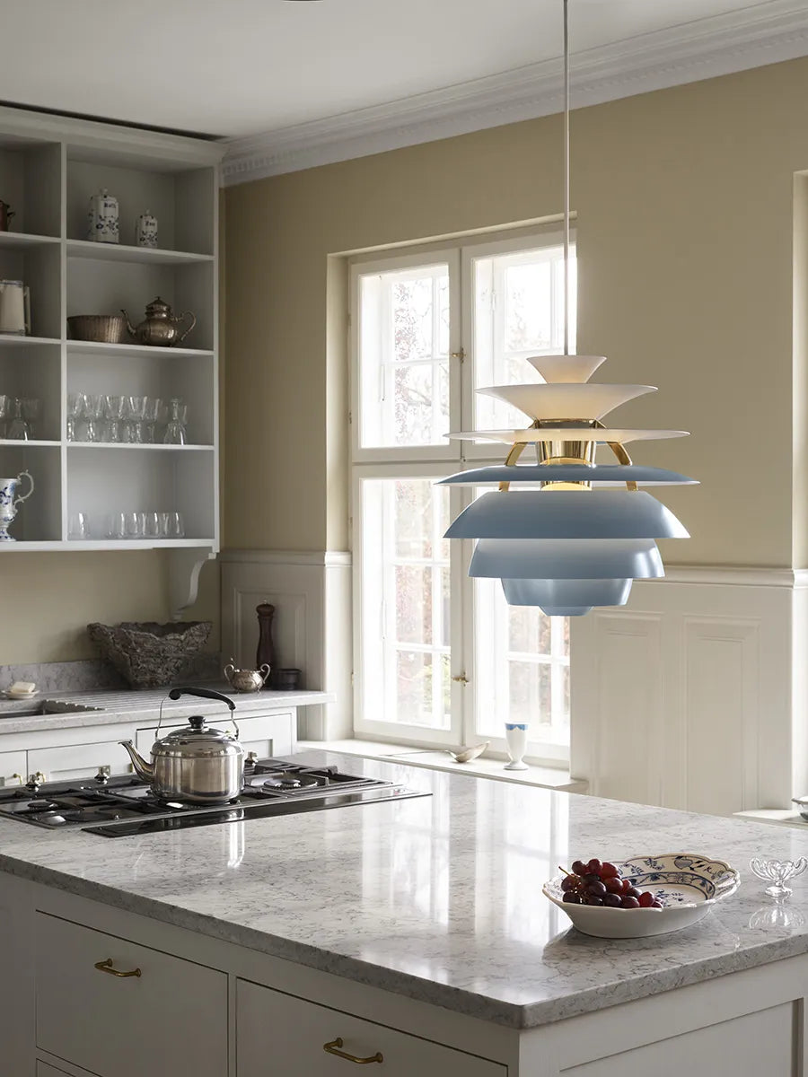Louis Poulsen PH Snowball Pendel, Dusty Blue/Chrome – Dansk Design Udstillingsmodel